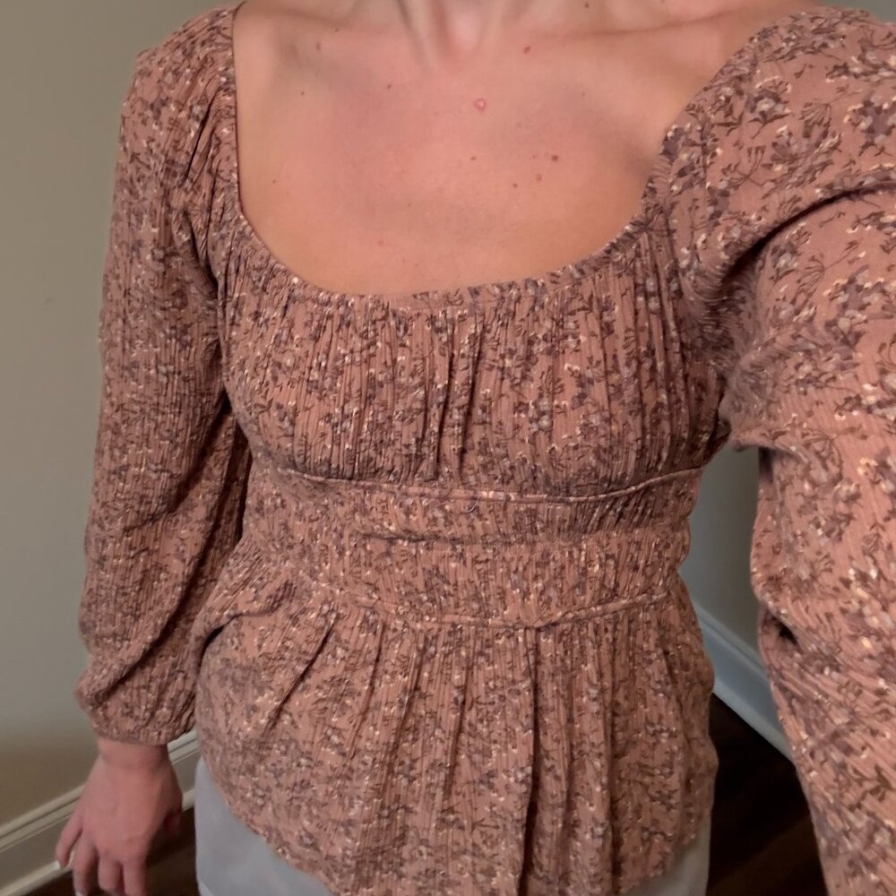 Long Sleeve Brown Embroidery Top